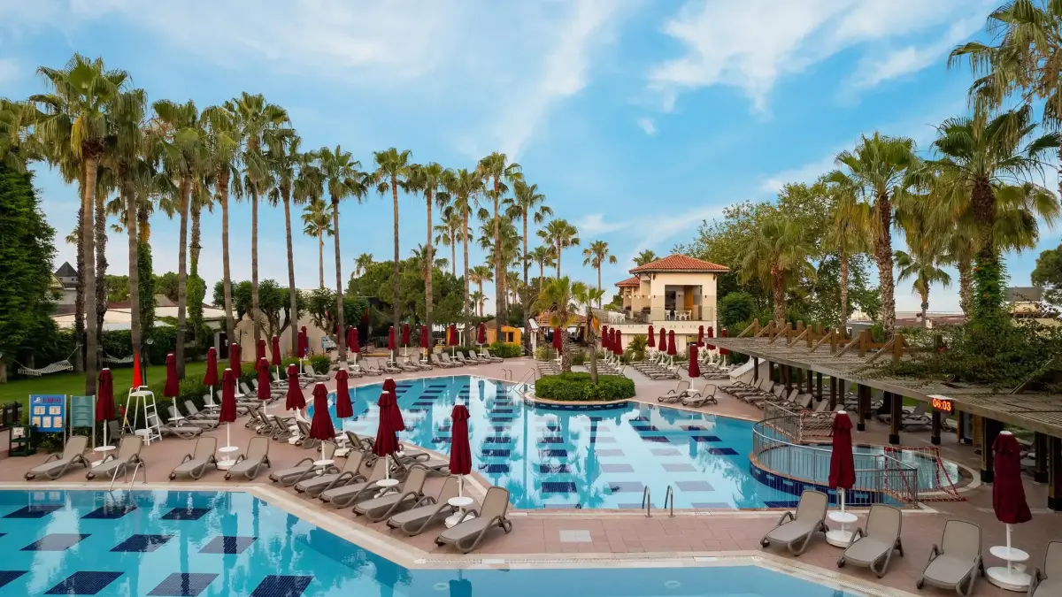 Trendy Palm Beach Poolbereich mit Palmen und Sonnenliegen