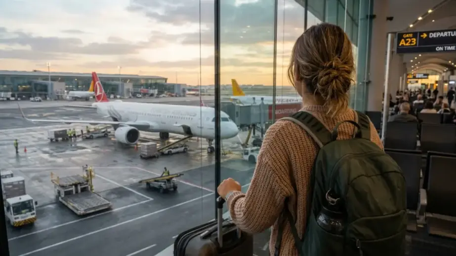 Eine Frau blickt vom Abflugbereich des Flughafens auf die Flugzeuge