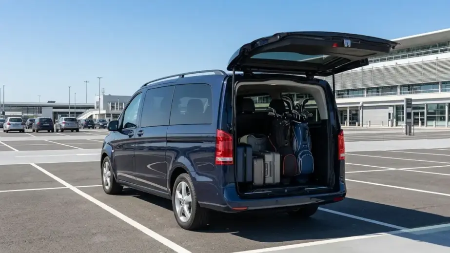 Golfbags und Koffer im Gepäckraum eines Minivans